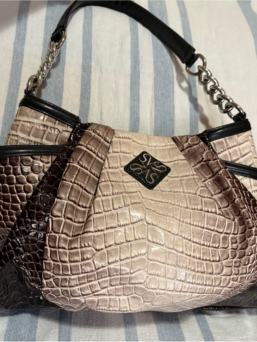Vera Wang Croc-Embossed Hobo Bag in Beige and Dark Brown